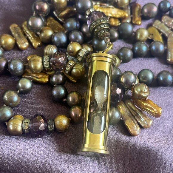 Hand Knotted Mixed Pearl Long Necklace with Real Hourglass Pendant OOAK - Picture 2 of 7